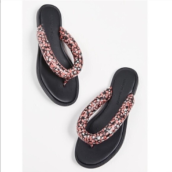 Rebecca Minkoff Shoes - Black Flip Flop Sandals with Pink Floral Rope Straps
